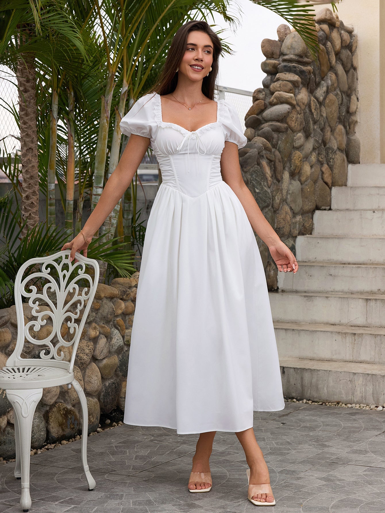 Puff Sleeve Lace Trim Ruched With Pockets Midi Dress