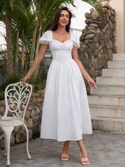 Puff Sleeve Lace Trim Ruched With Pockets Midi Dress