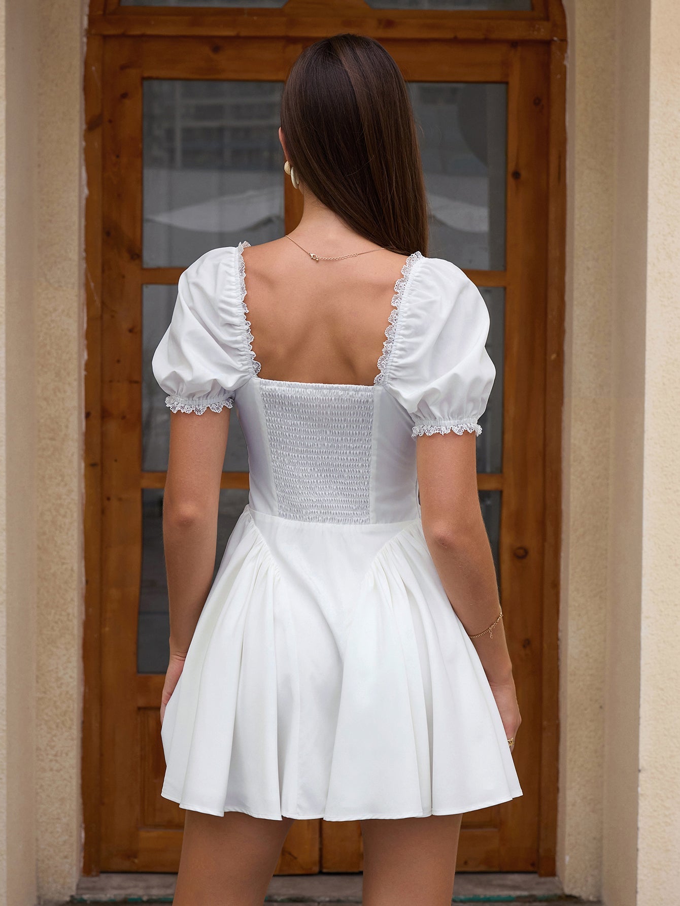 Puff Sleeve Ruched Back Flared Hem Dress