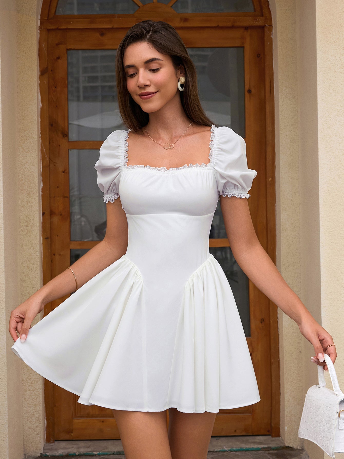 Puff Sleeve Ruched Back Flared Hem Dress