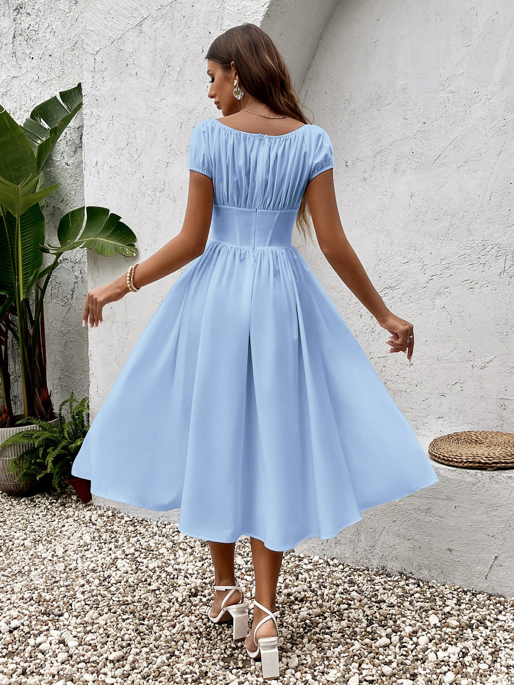 ruched puff sleeve poplin midi dress Puff-Sleeve Smocked Poplin Midi Dress