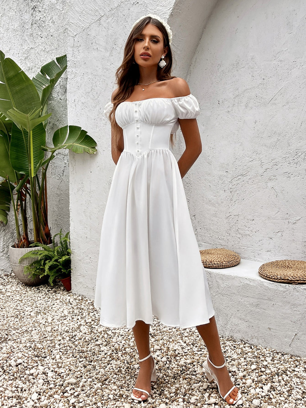 heaven sent ruched bust puff sleeve dress white Puff Sleeve Ruched Bust Button Midi Dress Ooins
