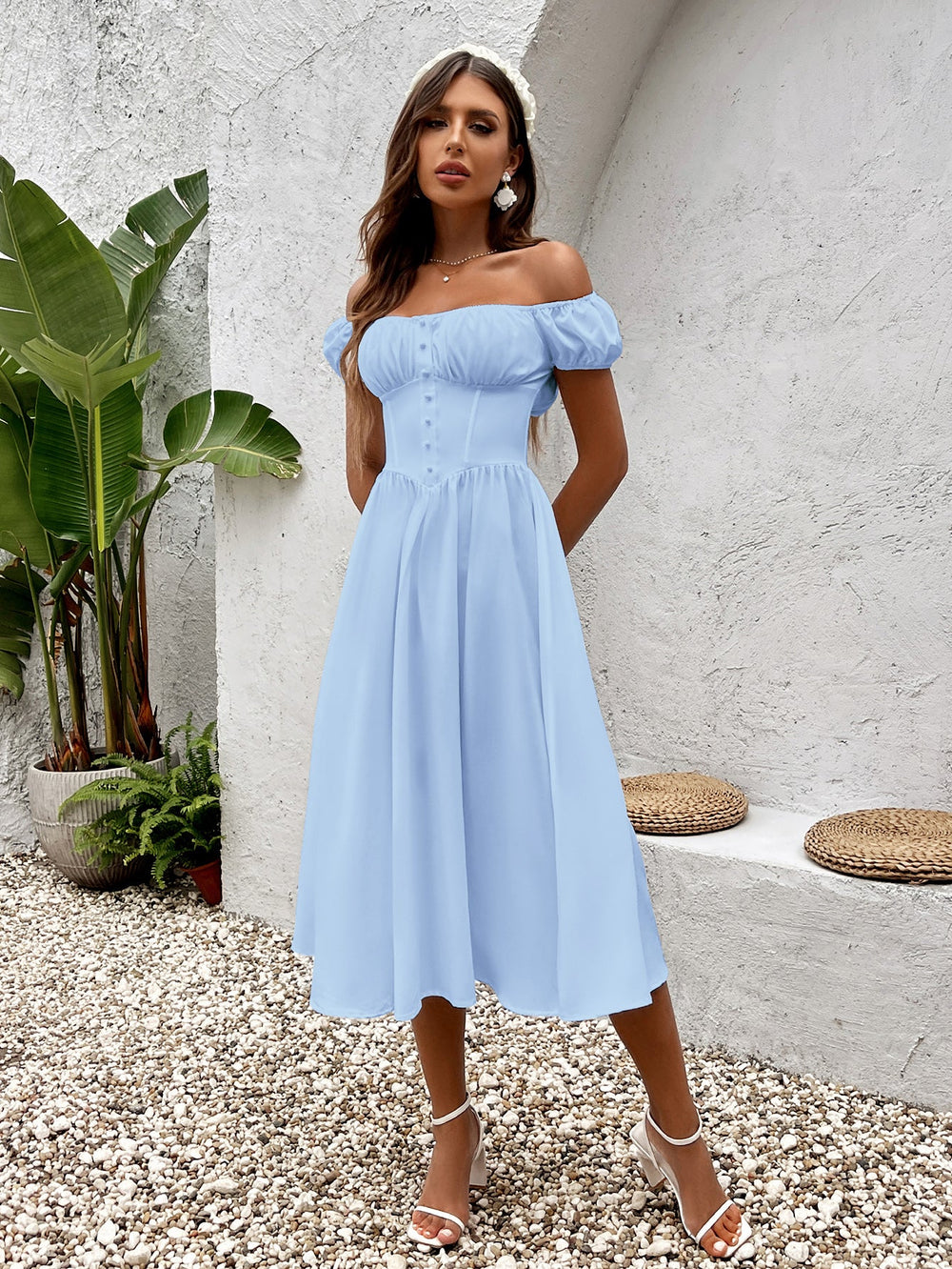 ruched bust dress with sleeves Square Neck Puff Sleeve Ruched Bust Dress, White / XS