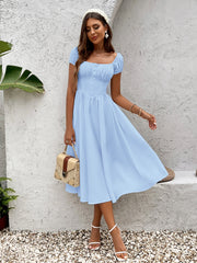 Puff Sleeve Ruched Bust Button Midi Dress
