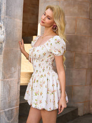 Puff Sleeve Tie Front Ruched Floral Print Dress