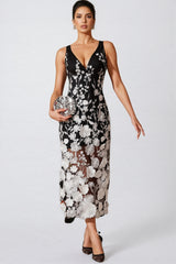 Ziska V Neck Flower Embroidered Midi Dress
