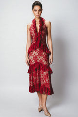 Gracd Backless Lace Ruffled Midi Dress