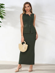 Round Neck Placket Button Top&Placket Button Decoration Bodycon Set