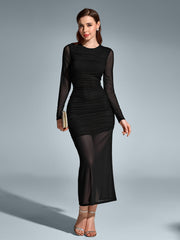 Round Neck Ruched Mesh Bodycon Dress