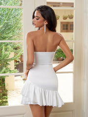 Ruched Bust Asymmetrical Hem Zipper Satin Tube Dress