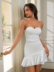 Ruched Bust Asymmetrical Hem Zipper Satin Tube Dress