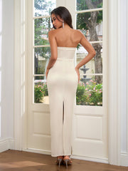Ruched Bust Split Back Zipper Satin Tube Dress