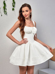Ruched Bust Tie Front Pleated Hem Cami Dress