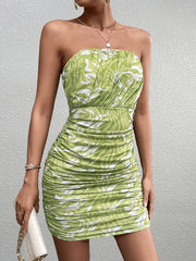 Ruched Mesh Floral Print Tube Dress