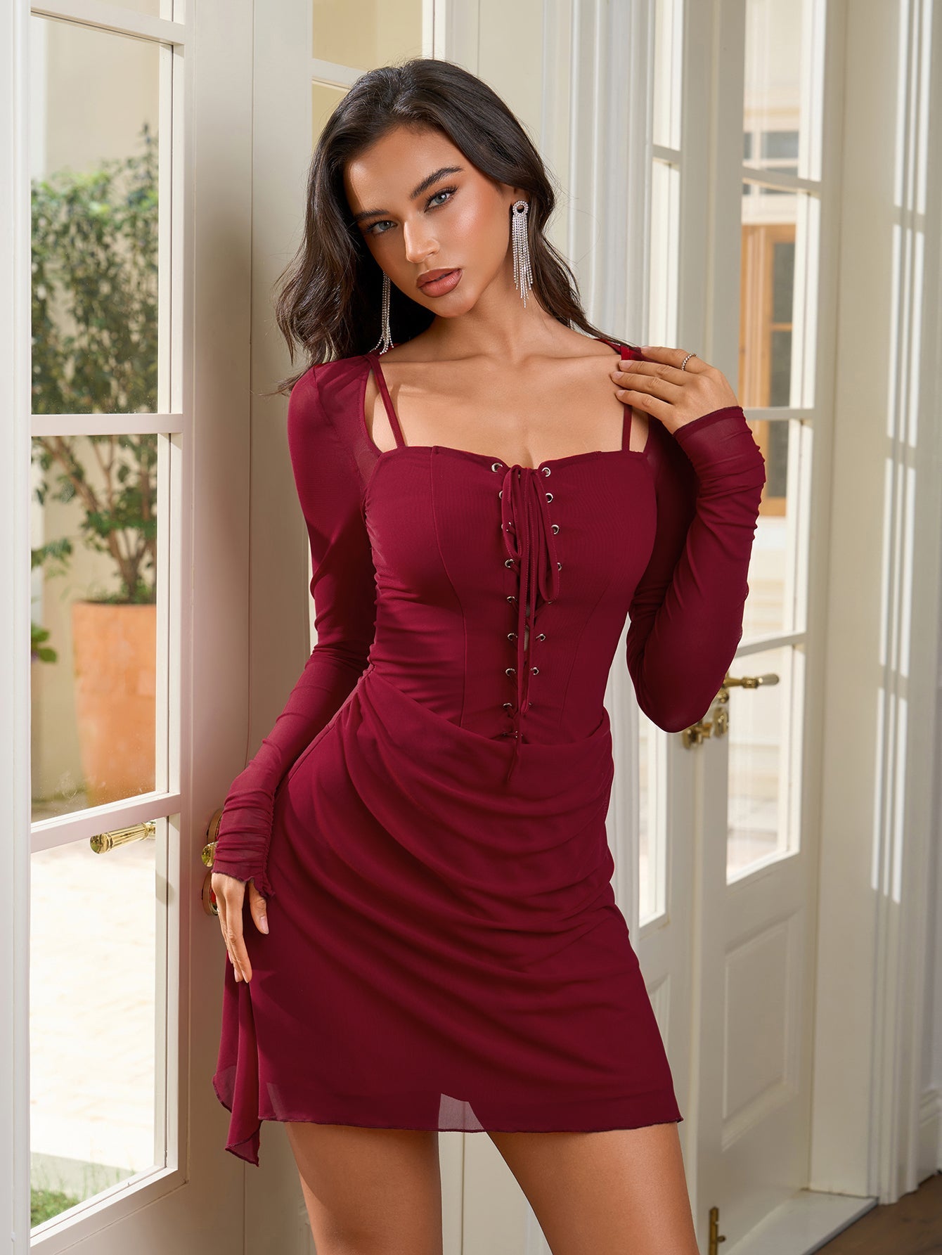 Ruched Tie Front Bodycon Mesh Dress
