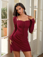 Ruched Tie Front Bodycon Mesh Dress