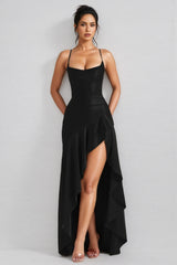 Finned Black Halter Ruffle Maxi Dress