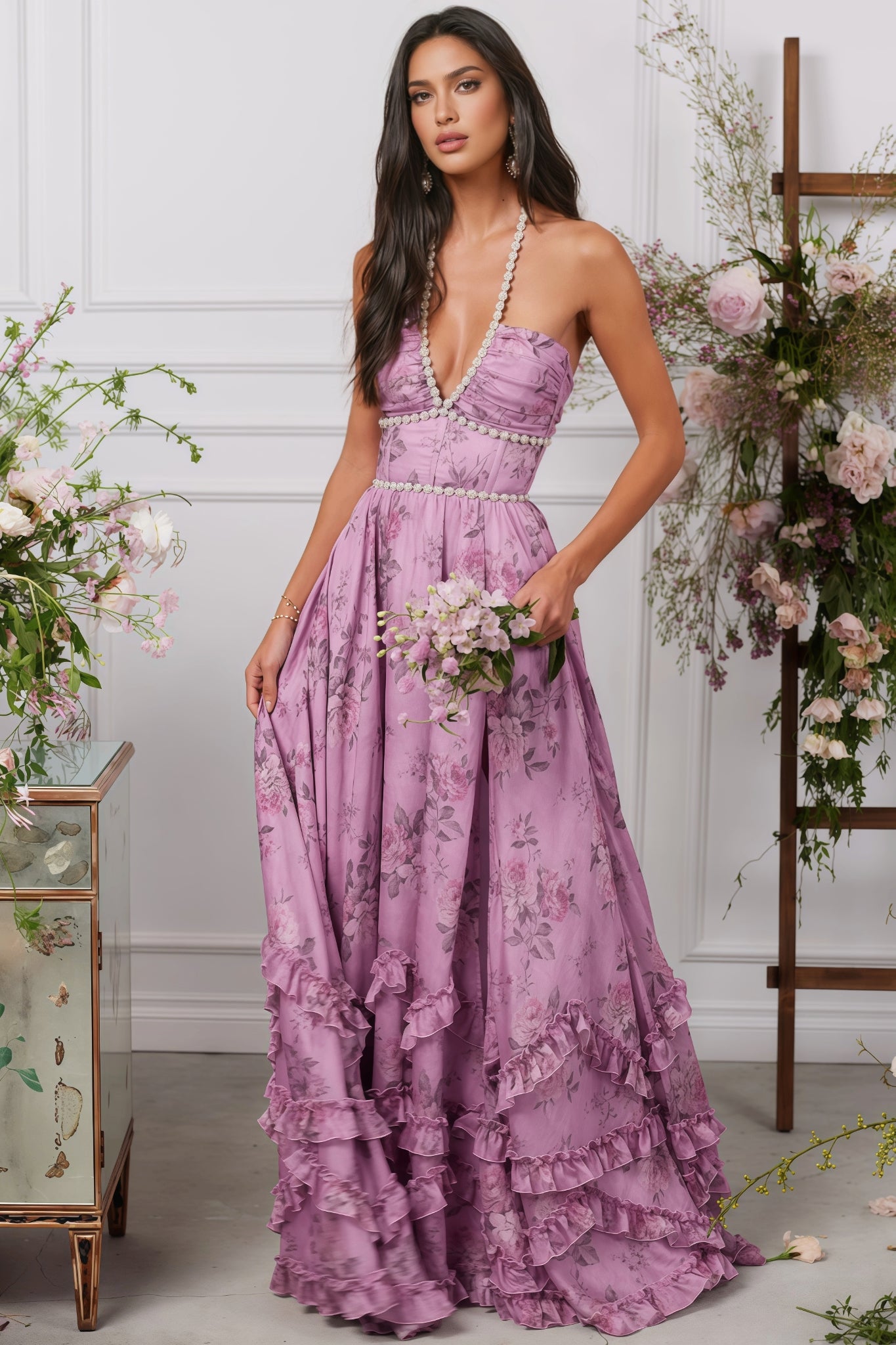 Jodie Printed Hanging Neck Maxi Dress