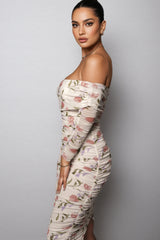 Baelik Printed Slit Pleated Midi Dress