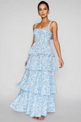 Chriske Blue Floral Print Ruffle Maxi Dress