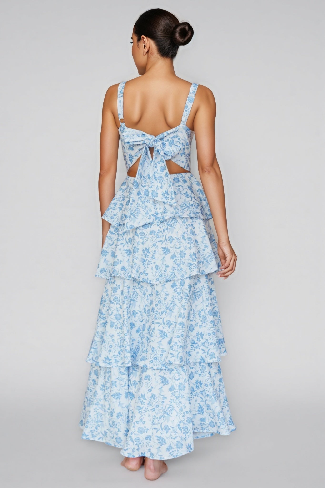 Chriske Blue Floral Print Ruffle Maxi Dress