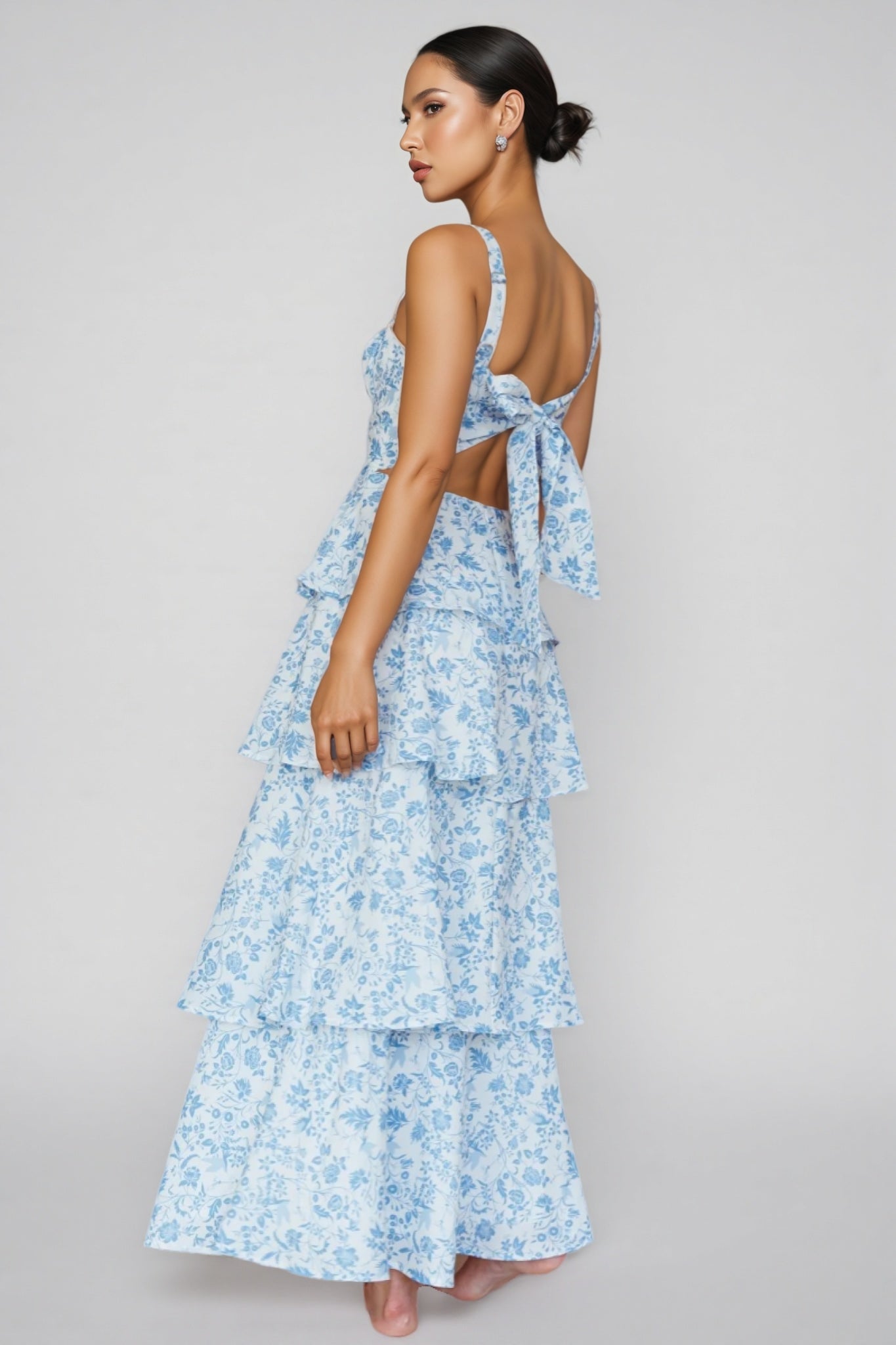 Chriske Blue Floral Print Ruffle Maxi Dress
