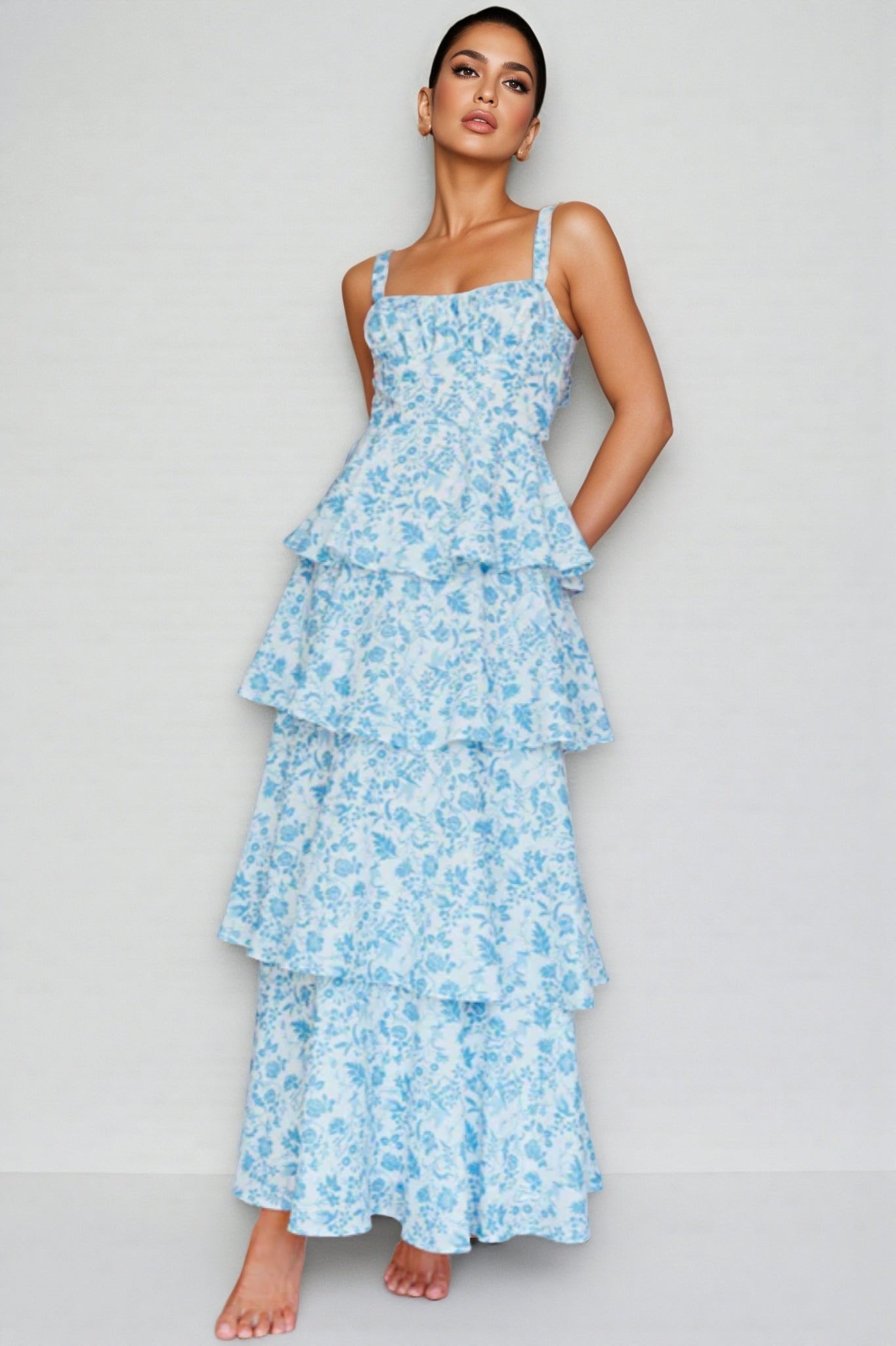 Chriske Blue Floral Print Ruffle Maxi Dress
