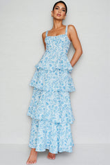Chriske Blue Floral Print Ruffle Maxi Dress