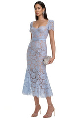 Xanea Square Neck Blue Lace Midi Dress