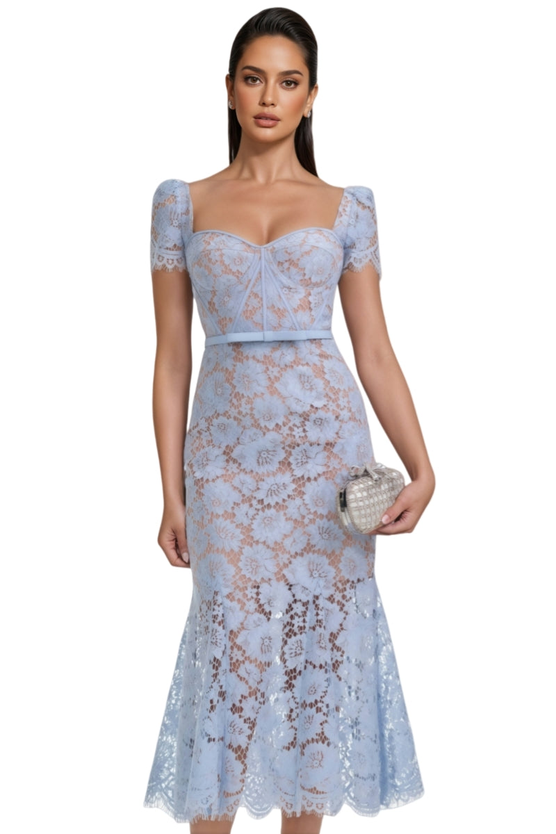 Xanea Square Neck Blue Lace Midi Dress