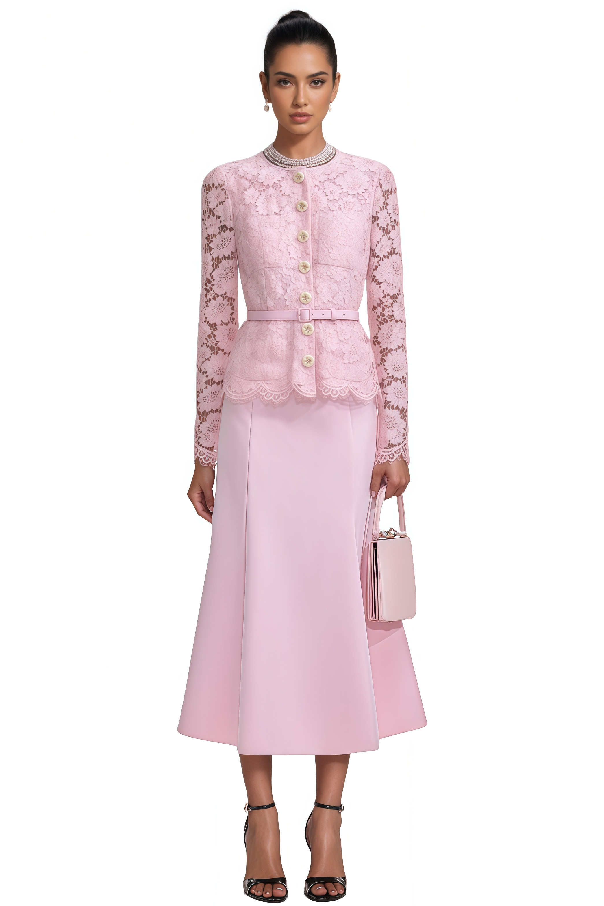 Eileen Pink Floral Lace Midi Dress Set