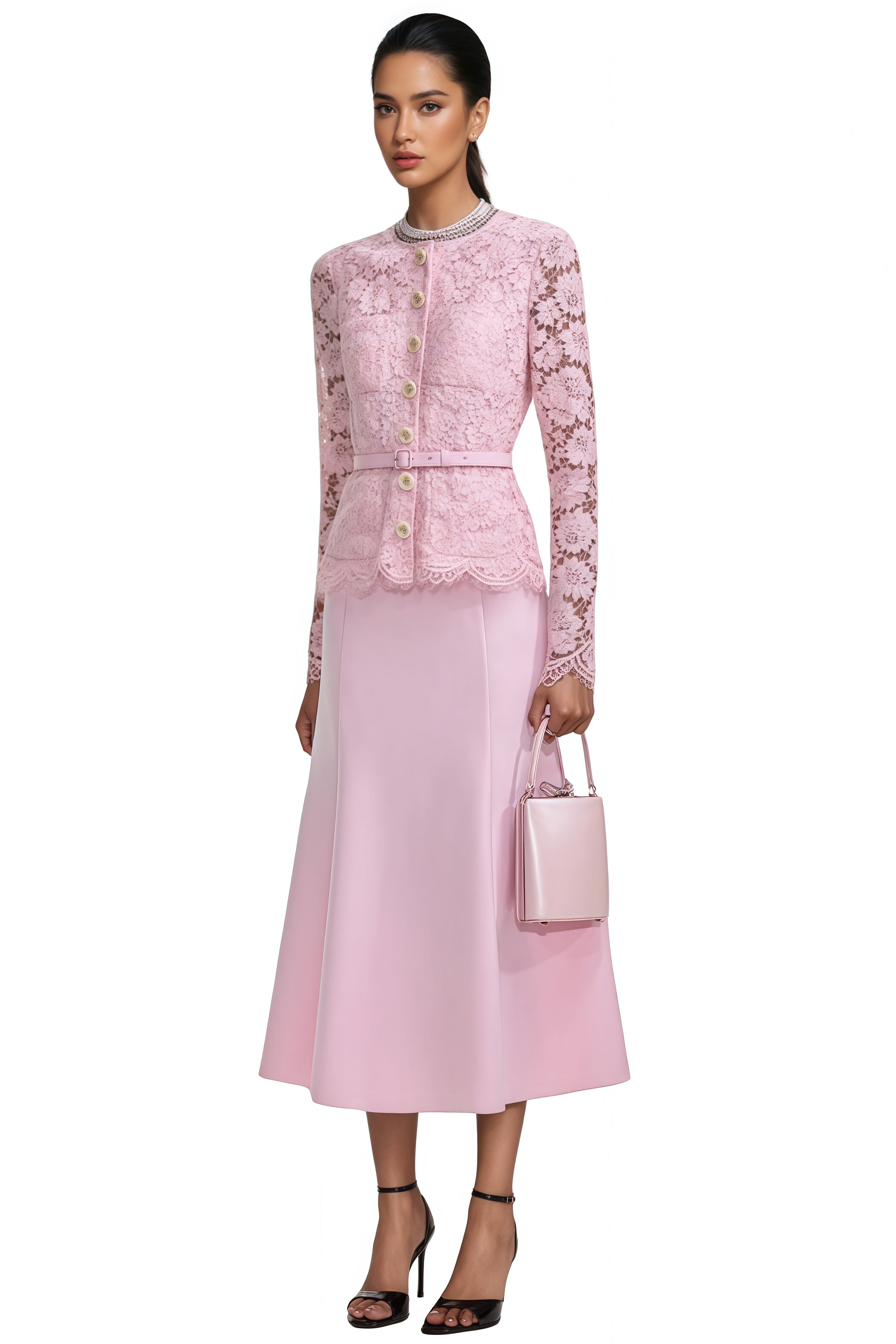 Eileen Pink Floral Lace Midi Dress Set