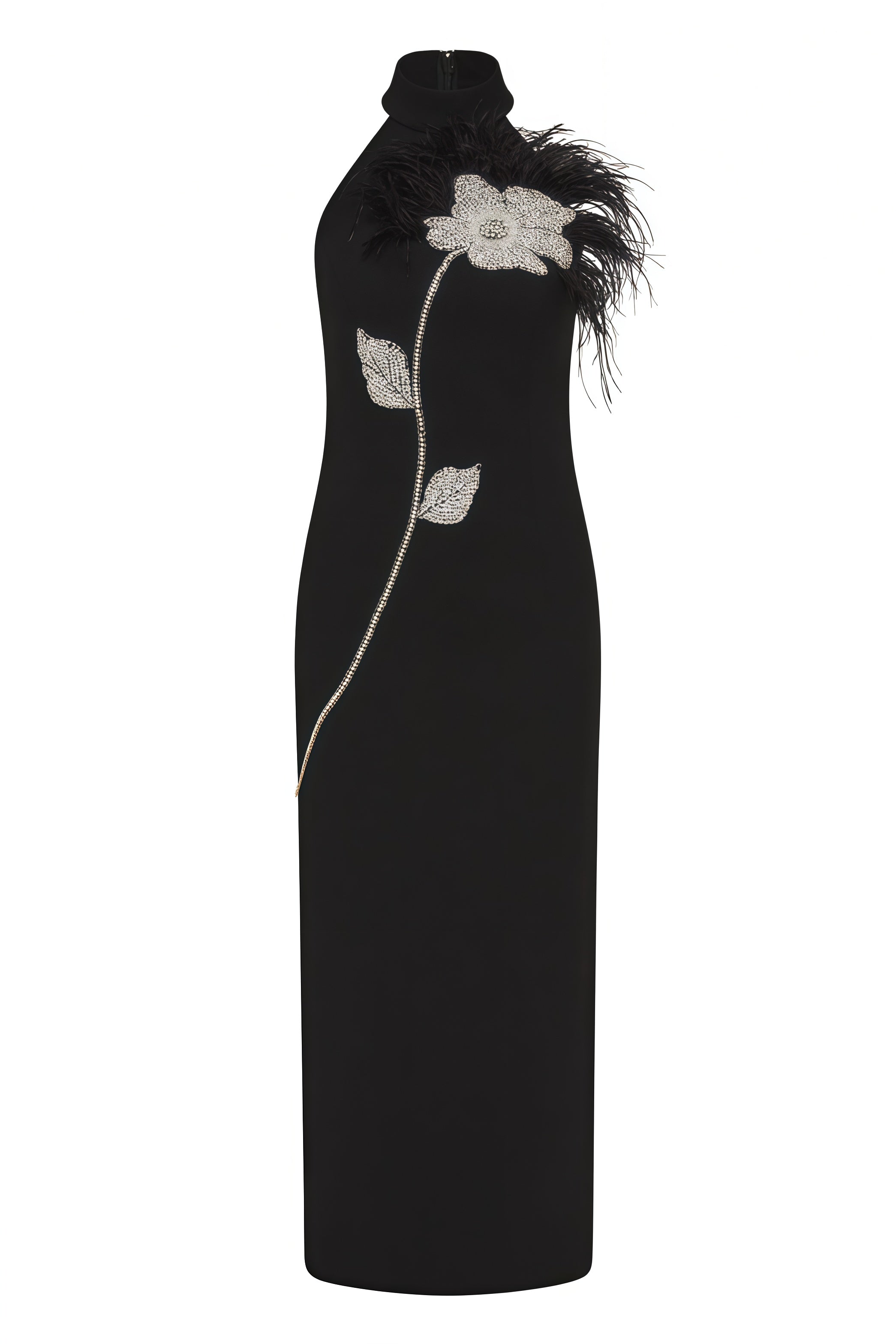 Thian Floral Embellished Feather Bandage Midi Dress