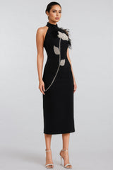 Thian Floral Embellished Feather Bandage Midi Dress