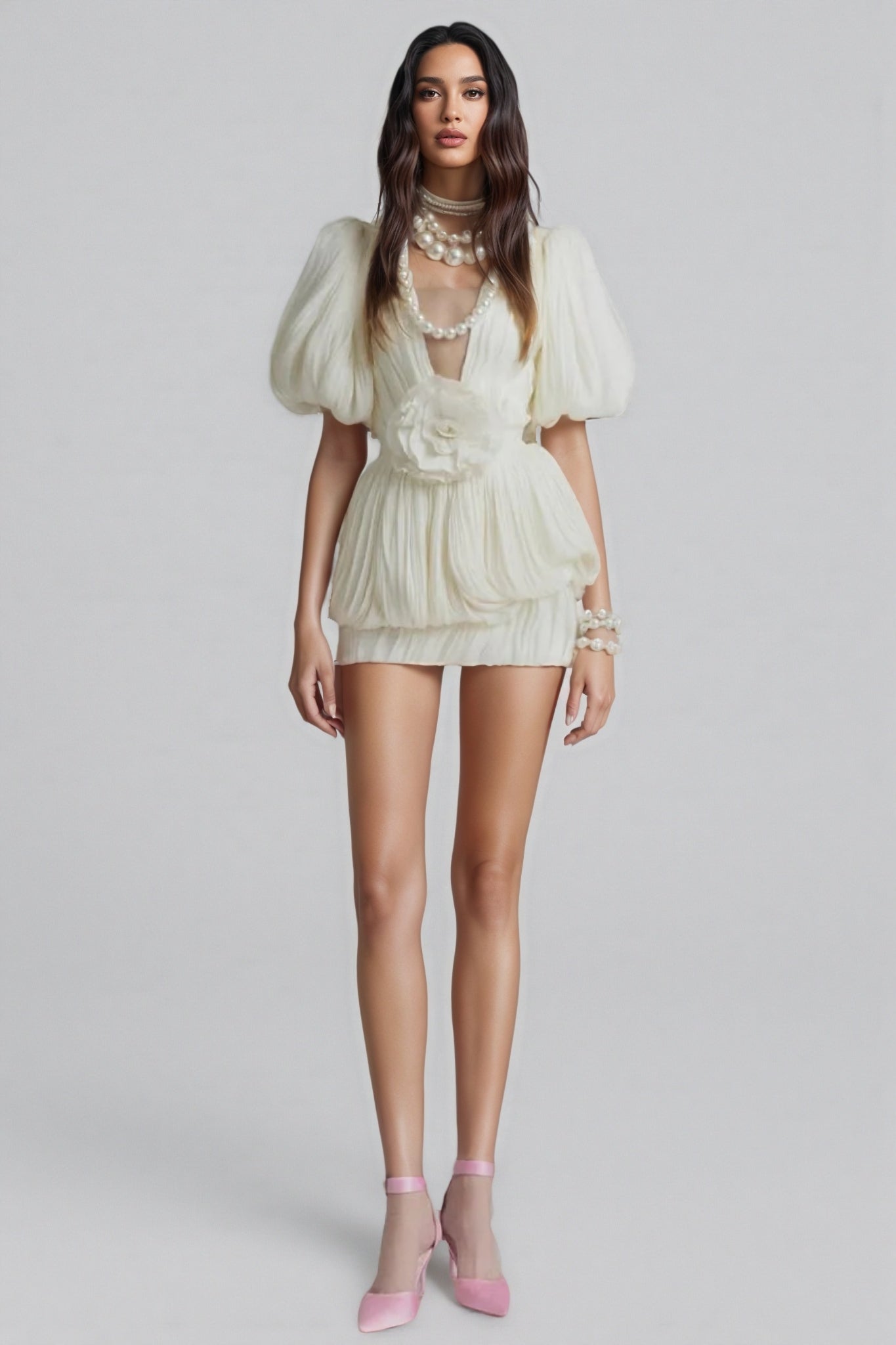 Clark White 3D Flower Pleated Mini Dress