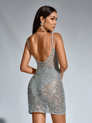 Sequin Perspective Backless Mesh Mini Dress (Including Underwear)