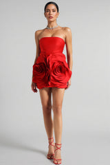 Quinna Red Strapless 3D Flower Mini Dress