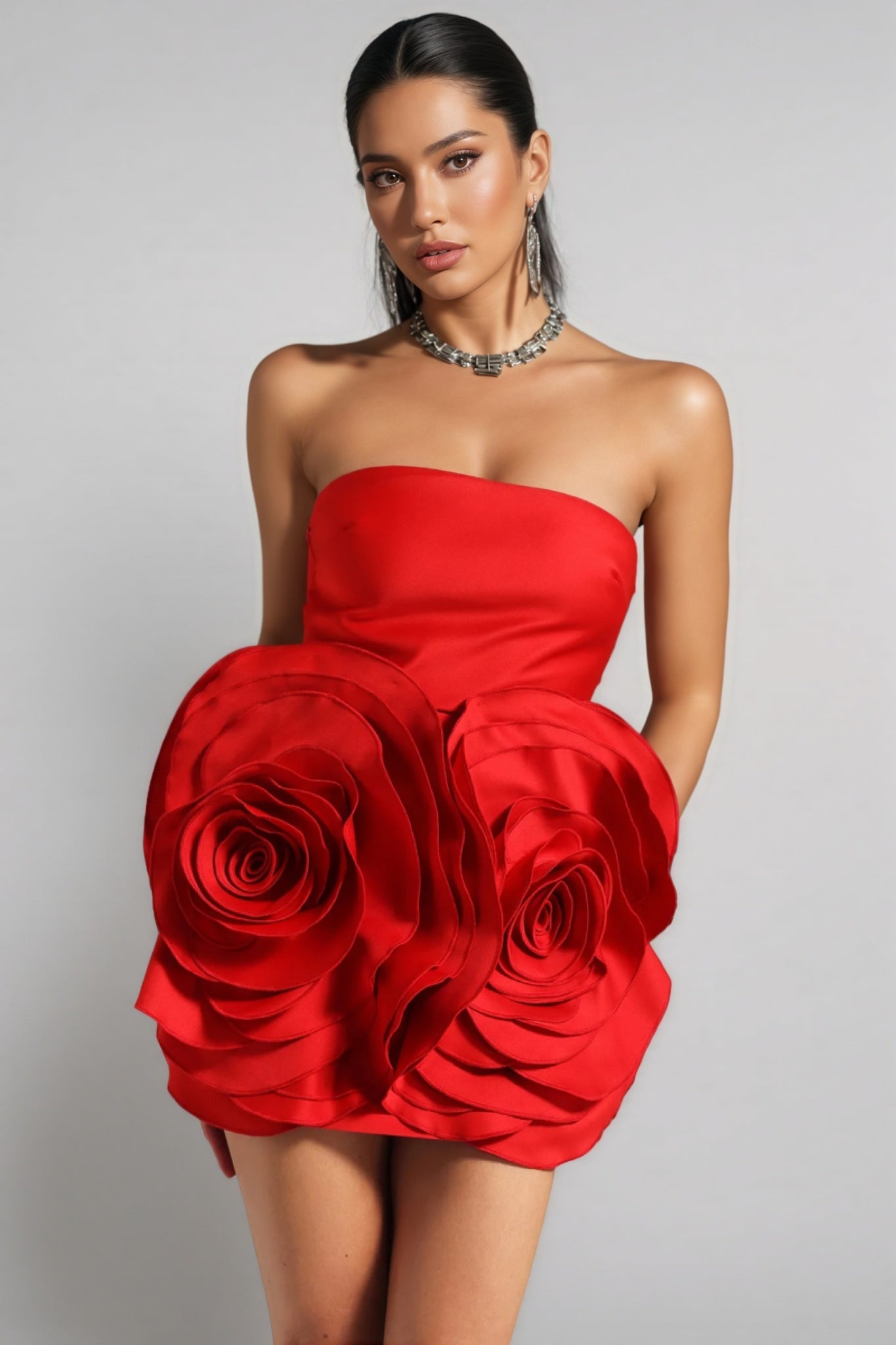 Quinna Red Strapless 3D Flower Mini Dress