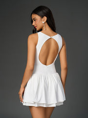 Sleeveless Pleated Hem Backless Solid Mini Dress