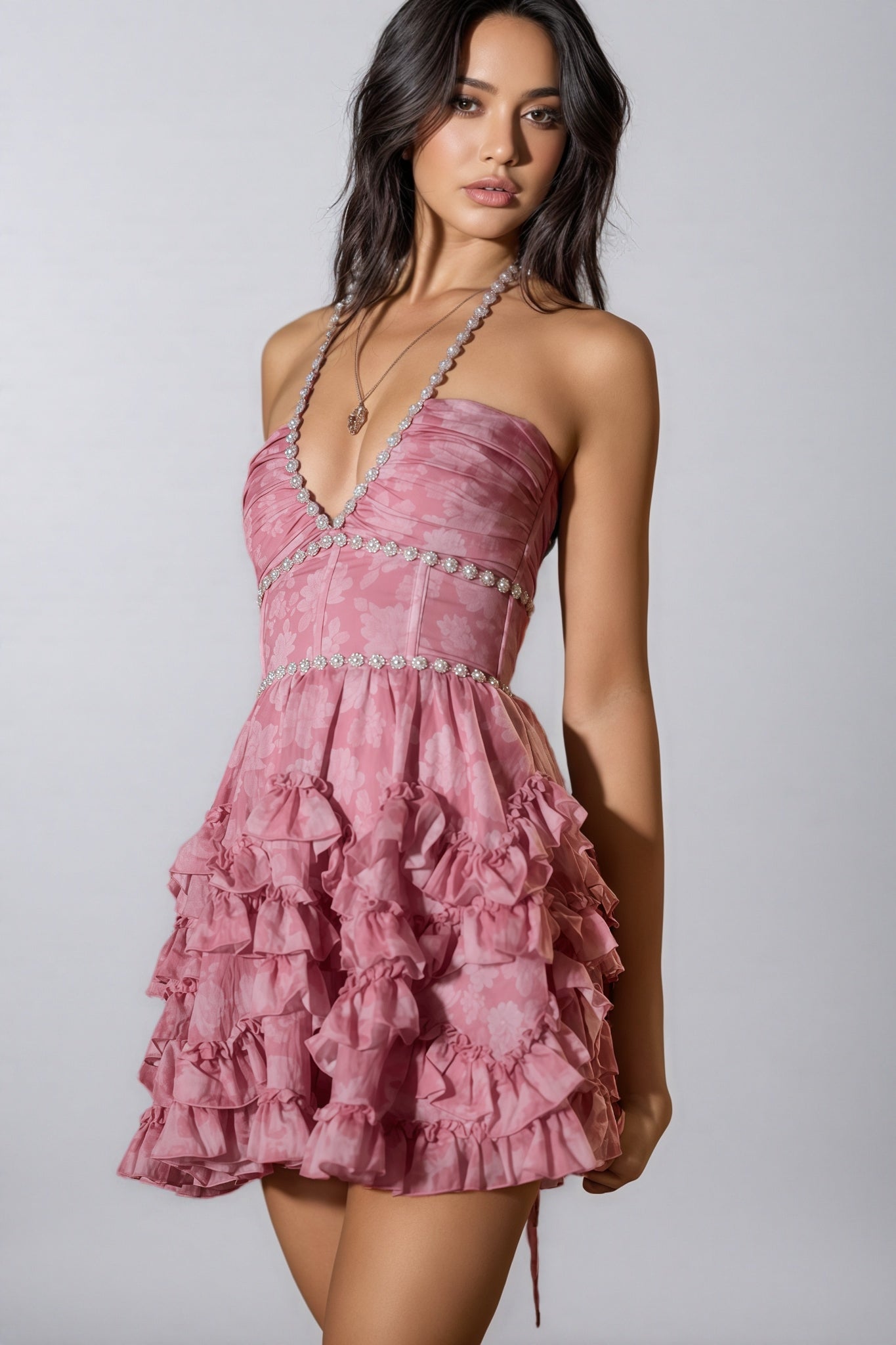 Tryphosa Pink Printed Beaded Mini Dress