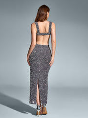 Square Neck Cut Out Split Hem Sequin Dress