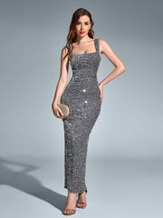 Square Neck Cut Out Split Hem Sequin Dress