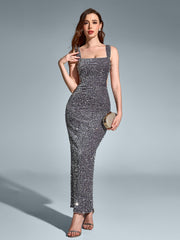 Square Neck Cut Out Split Hem Sequin Dress