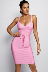 Liora Pink Halter Tie Belt Skinny Mini Dress