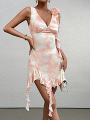 Stereo Flower Tie Dye Asymmetrical Hem Dress