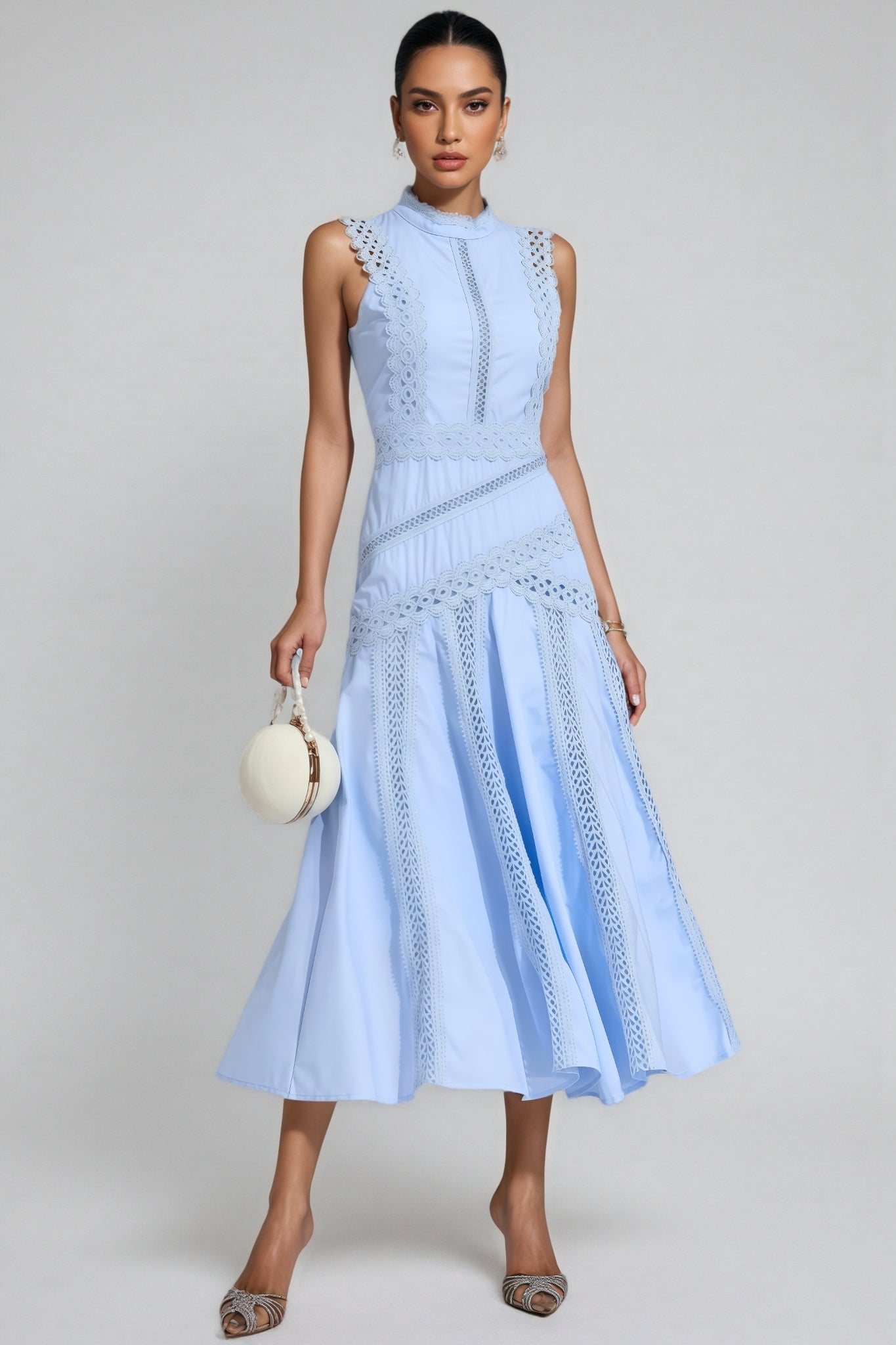 Arwty Blue Sleeveless Lace Midi Dress