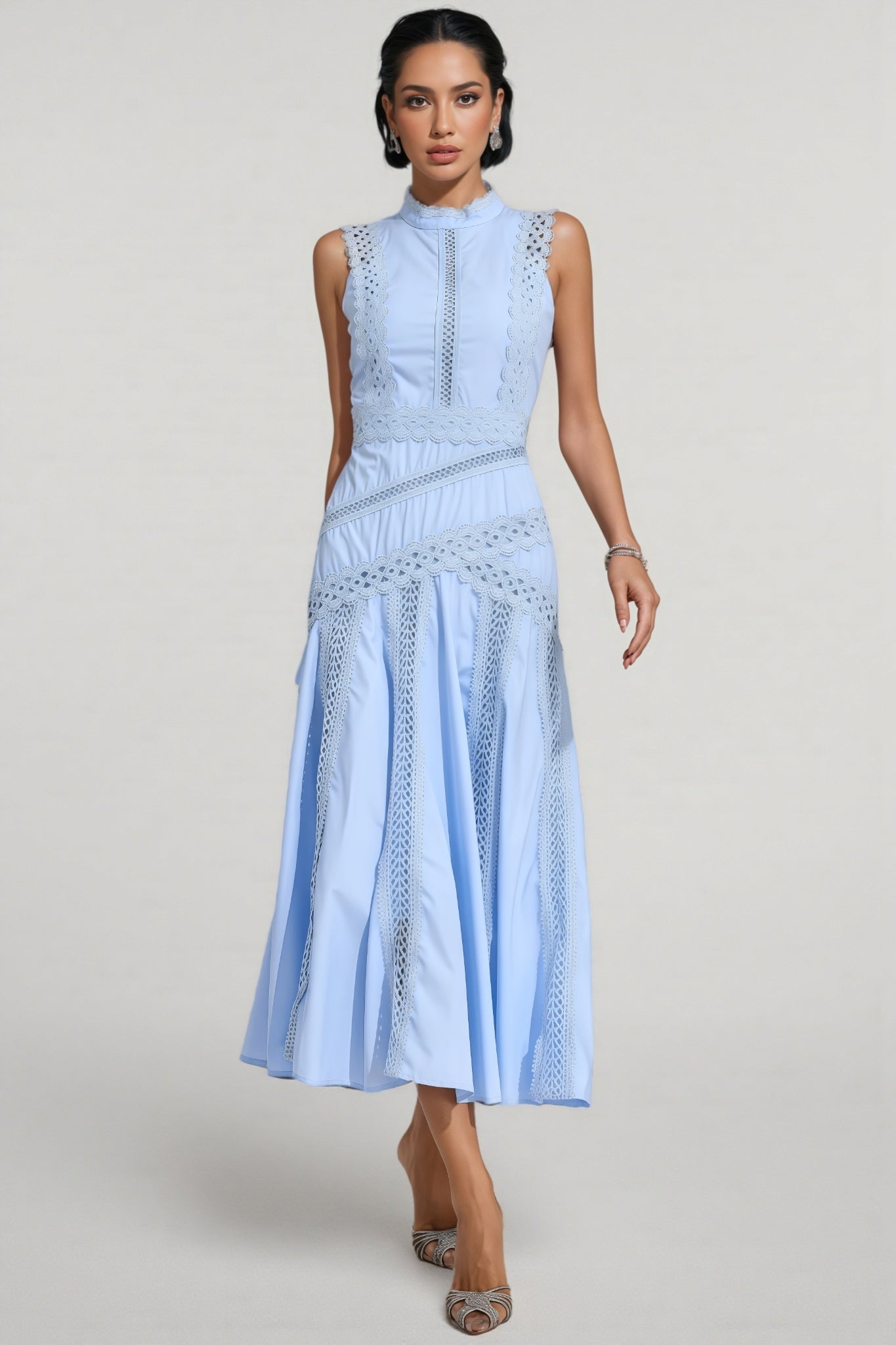 Arwty Blue Sleeveless Lace Midi Dress
