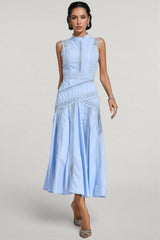 Arwty Blue Sleeveless Lace Midi Dress