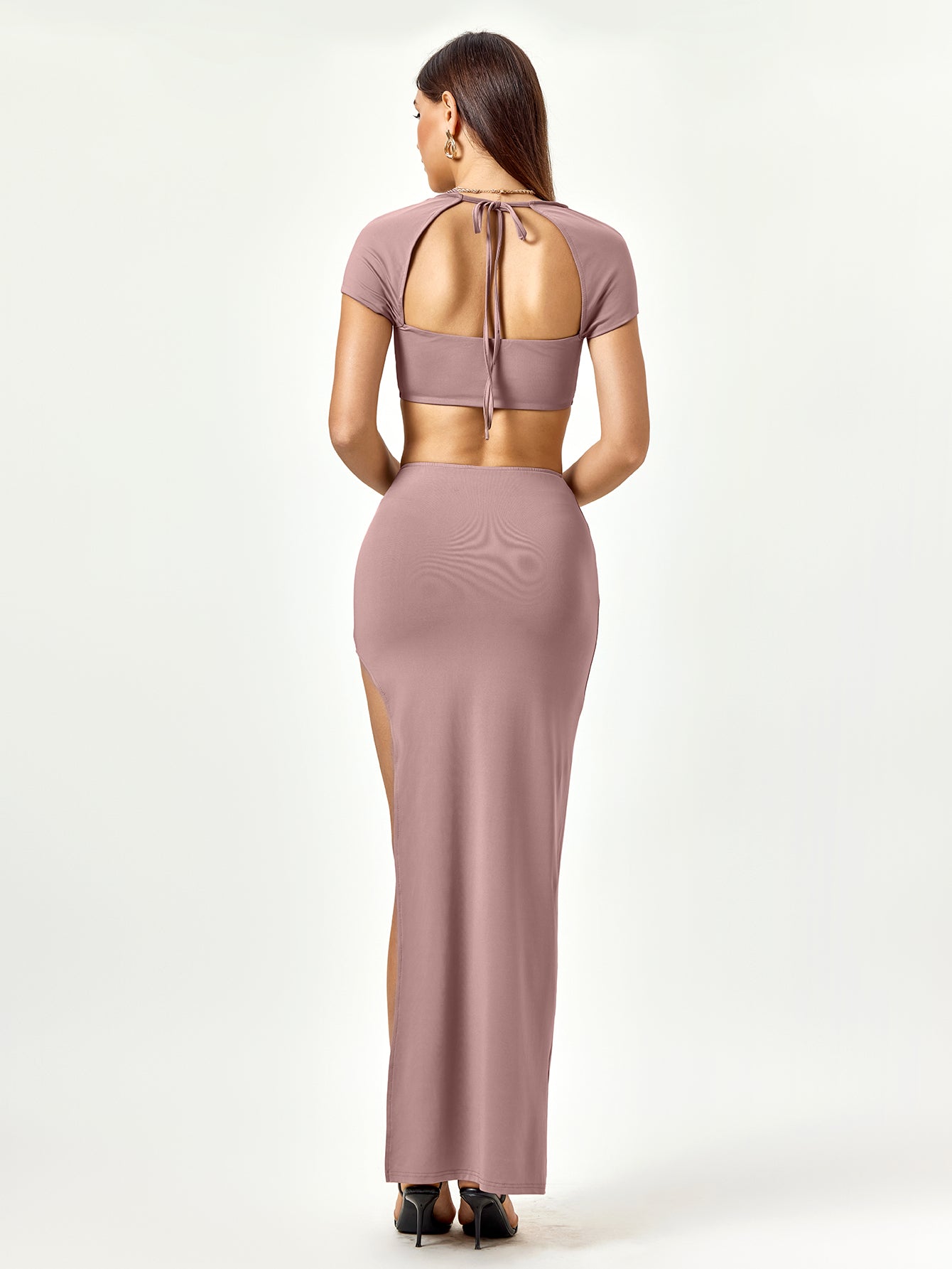 Split Crop Top String Tie Back Cut Out Crop Top&Split Thigh Bodycon Skirt – Ooins