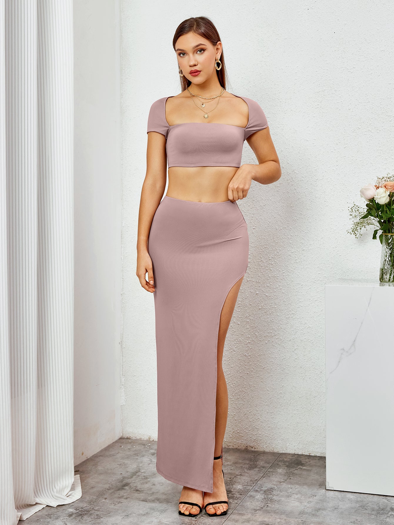 Split Crop Top String Tie Back Cut Out Crop Top&Split Thigh Bodycon Skirt – Ooins